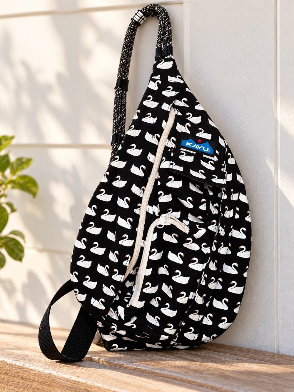 KAVU Rope Sling Backpack Black White Swan Print Crossbody Travel Bag Canvas